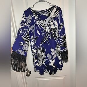 Alfani Blue Floral Lace Ruffled Blouse Size Large (12)